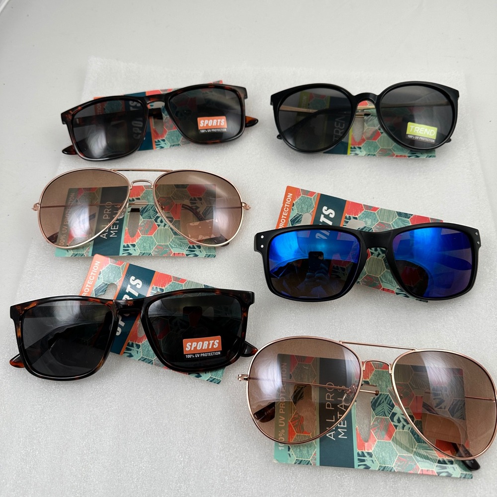 Lot of 6 Sunglasses Aviator Rectangular Round UV Protection Assorted Styles NWT
